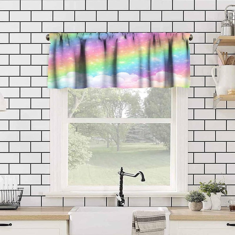 AAVEUP Rainbow Clouds Valance Curtain Fantasy Pink Starry Night Clouds Colourful Art Window Treatment Valances Curtains for Kids Room Bedroom Living Room 54x18In - Image 2